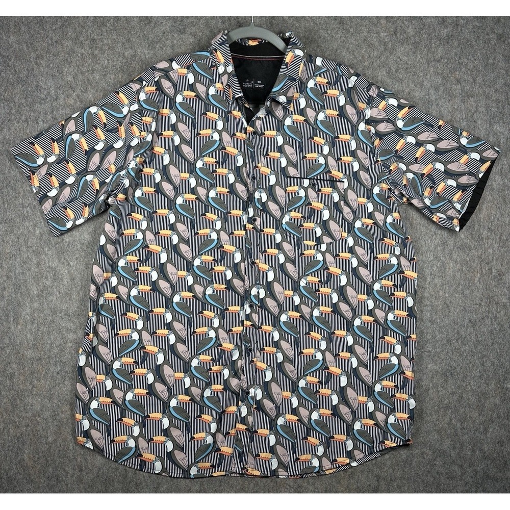 Public Record Parrot‎ Print Button Up Shirt 2XL Black Striped Tropical AOP